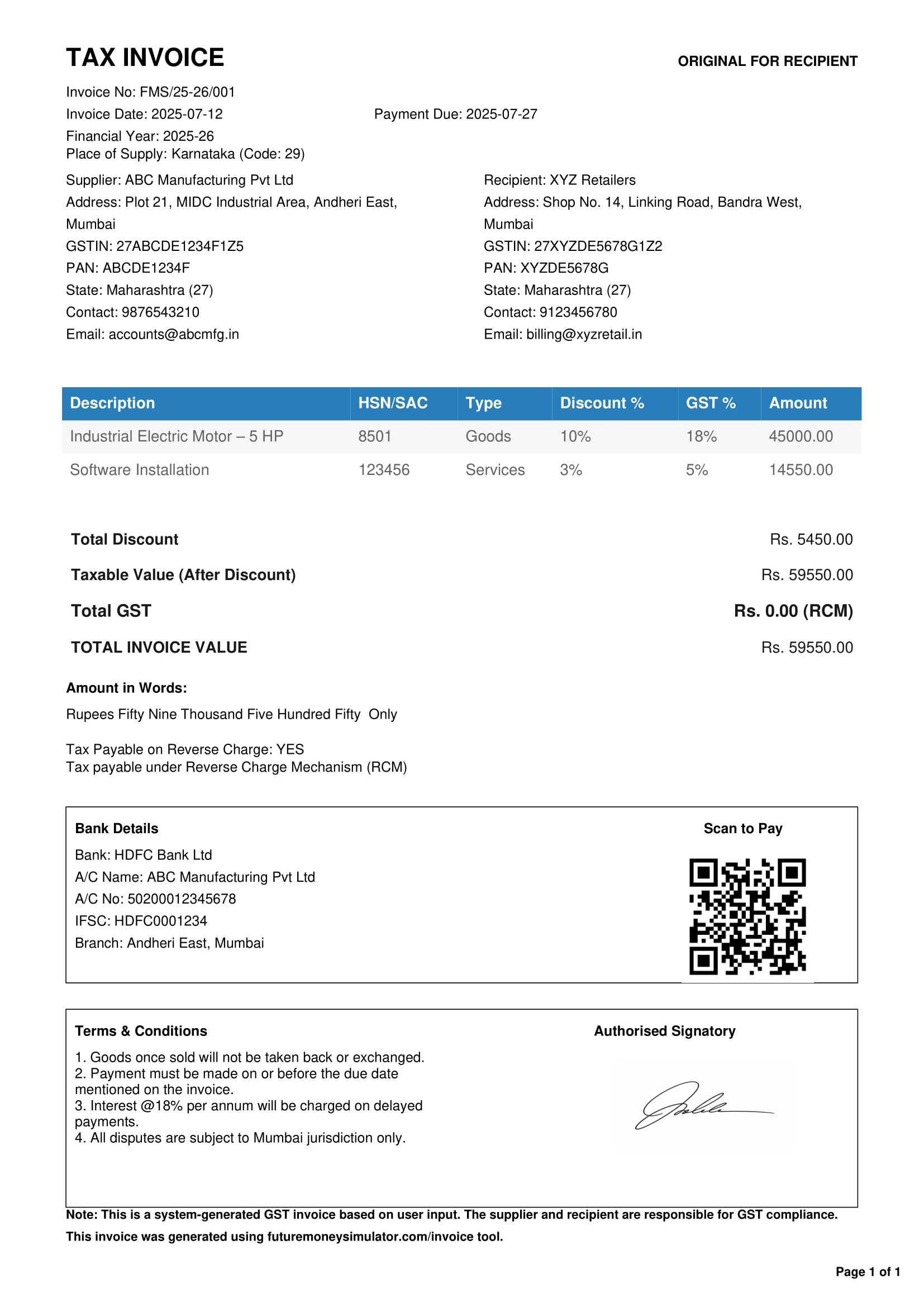Sample GST Tax Invoice generated using Future Money Simulator